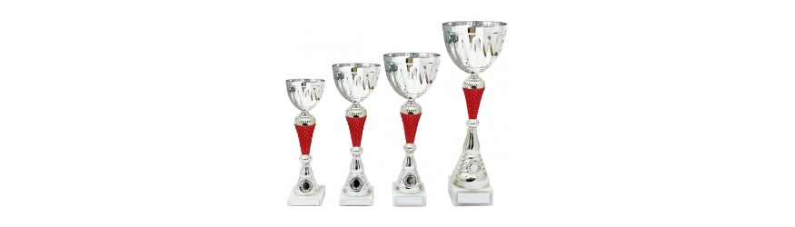SILVER METAL CUP ON SCULPTED COLOURED RISER AVAILABLE IN 4 SIZES